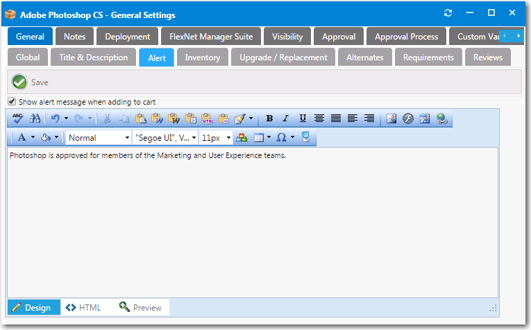 Catalog Item Properties Dialog Box / General &gt; Alert Tab