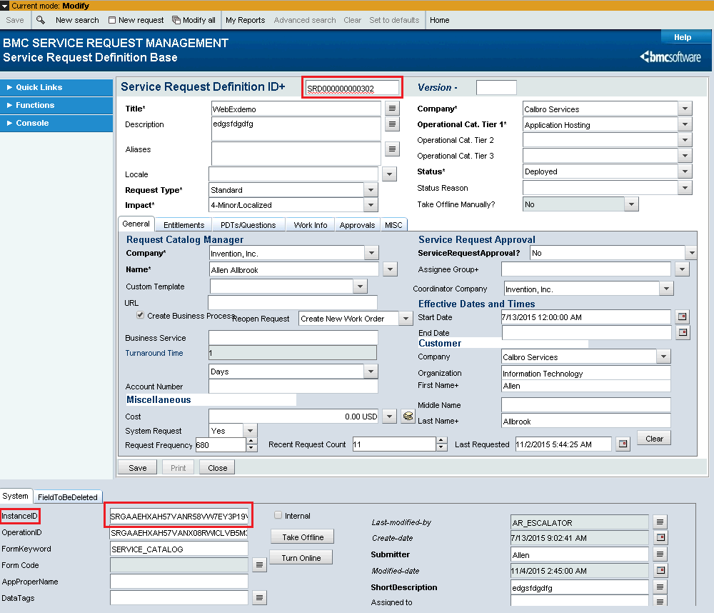 InstanceID of a BMC Service Request Definition